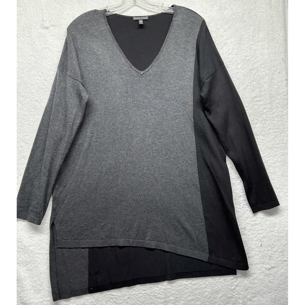 Eileen Fisher Womens Size S/P Gray Long Sleeve Asymmetric V Neck Tencel Top (J2)